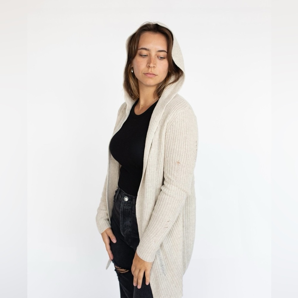 Autumn Cashmere Distressed Open Hoodie Cardigan Black